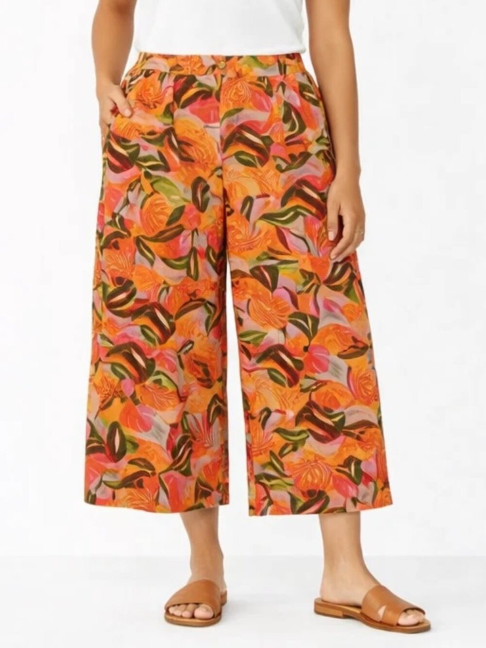 C&C California 100% Linen Orange Tropical Leaf Print Wide Leg Crop Pants L